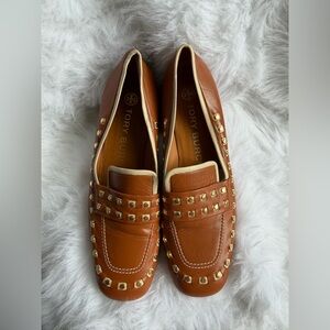 Tory Burch Brown Leather Studded Loafers with Cream Trim size 8